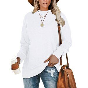 🆕 Women White Casual Long Sleeve Round Neck Shirts Tunic Tops Leggings Stylish